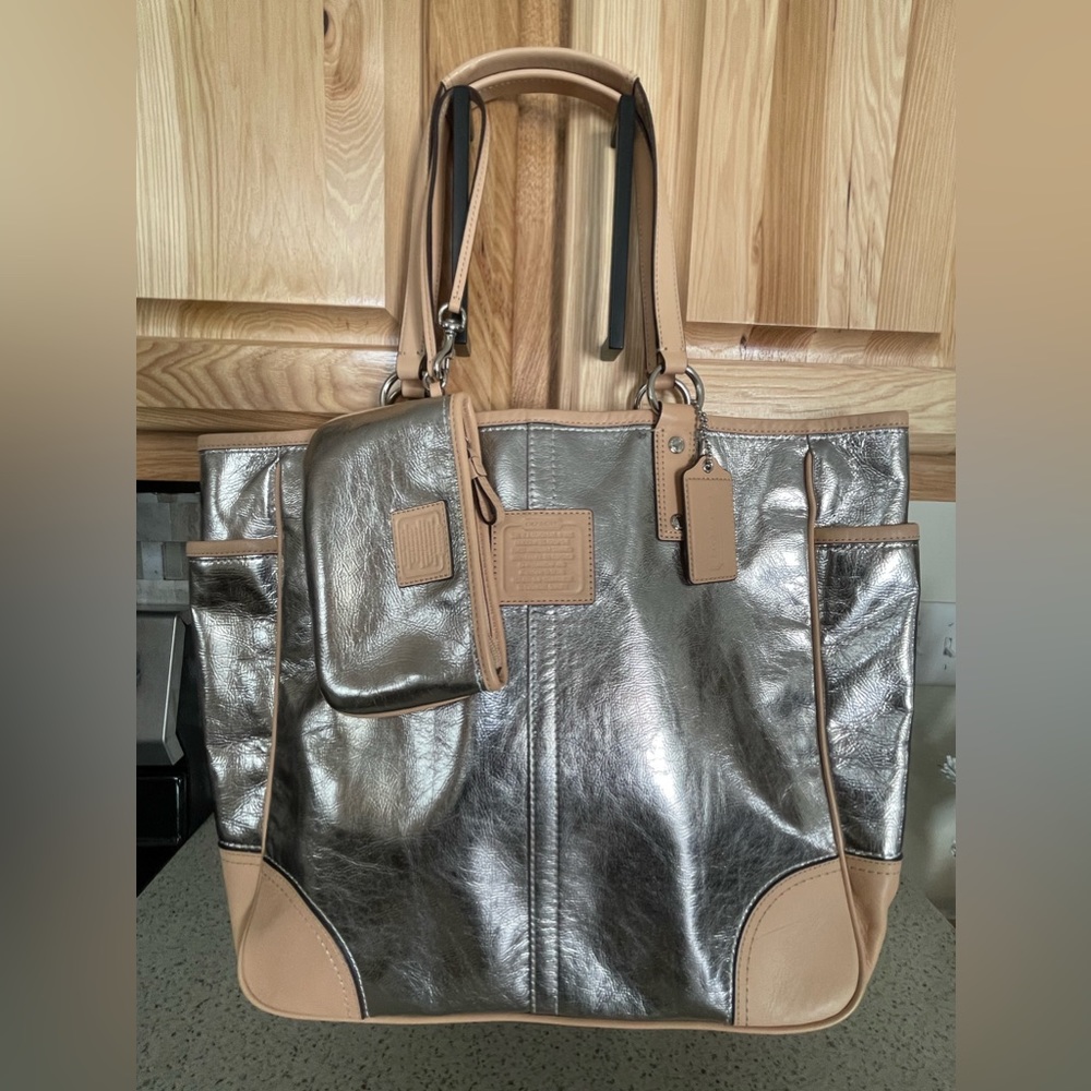 Coach Metro Metallic Silver and Leather XL Tote and Wristlet 26141E